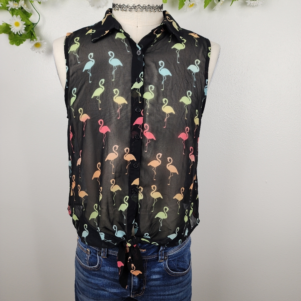 Forever 21 Flamingo Print Sleeveless Sheer Blouse Sz Large